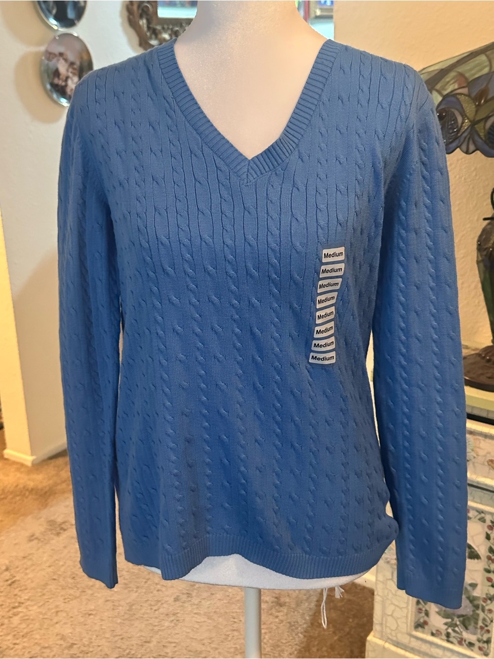 Charter Club Blue Cable-Knit V-Neck Sweater
